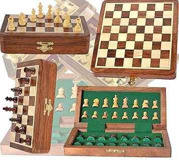 Azacus Brand - Chess Set - Handmade Wooden Rosewood Foldable Magnetic Chess Game Board with Storage Slots,