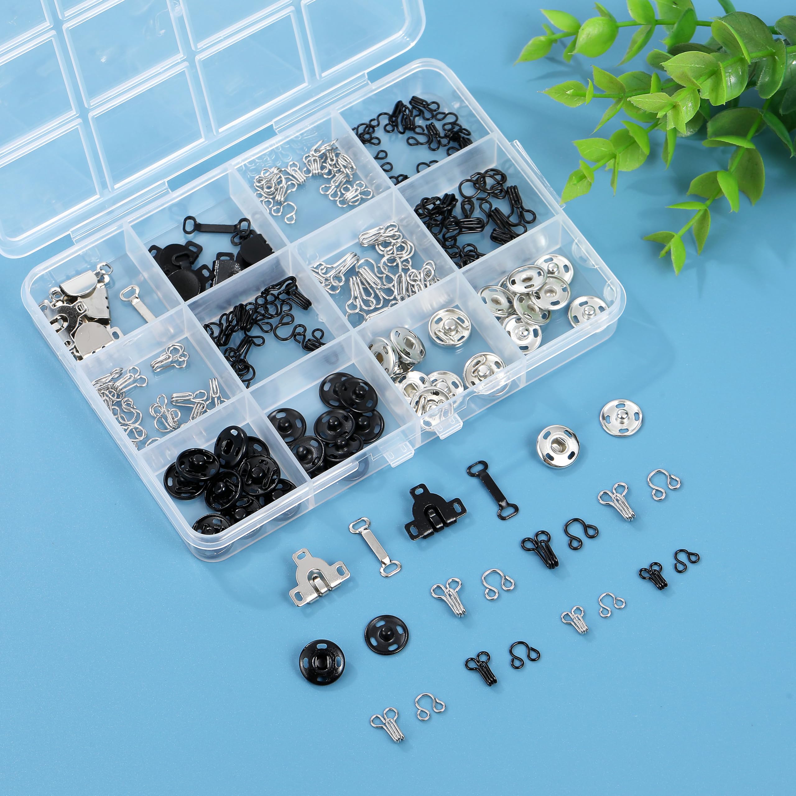 KOPOX 180PCS Hook and Eye Sewing Kit with Garment Buttons, Hook and Eye Closures, Fabric Snap Buttons, Garment Snap Buttons for Skirts Pants Dresses, Clothing and DIY Crafts