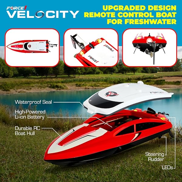 FORCE1 VELOCITY RED FAST RC BOAT- REMOTE CONTROL BOATS FOR ADULTS AND KIDS, UNDERWATER SPEED RACING MINI RC TOY FOR POOLS AND LAKES, 2.4GHZ TRANSMITTER, 2 RECHARGEABLE BATTERIES, LOW BATTERY ALERT