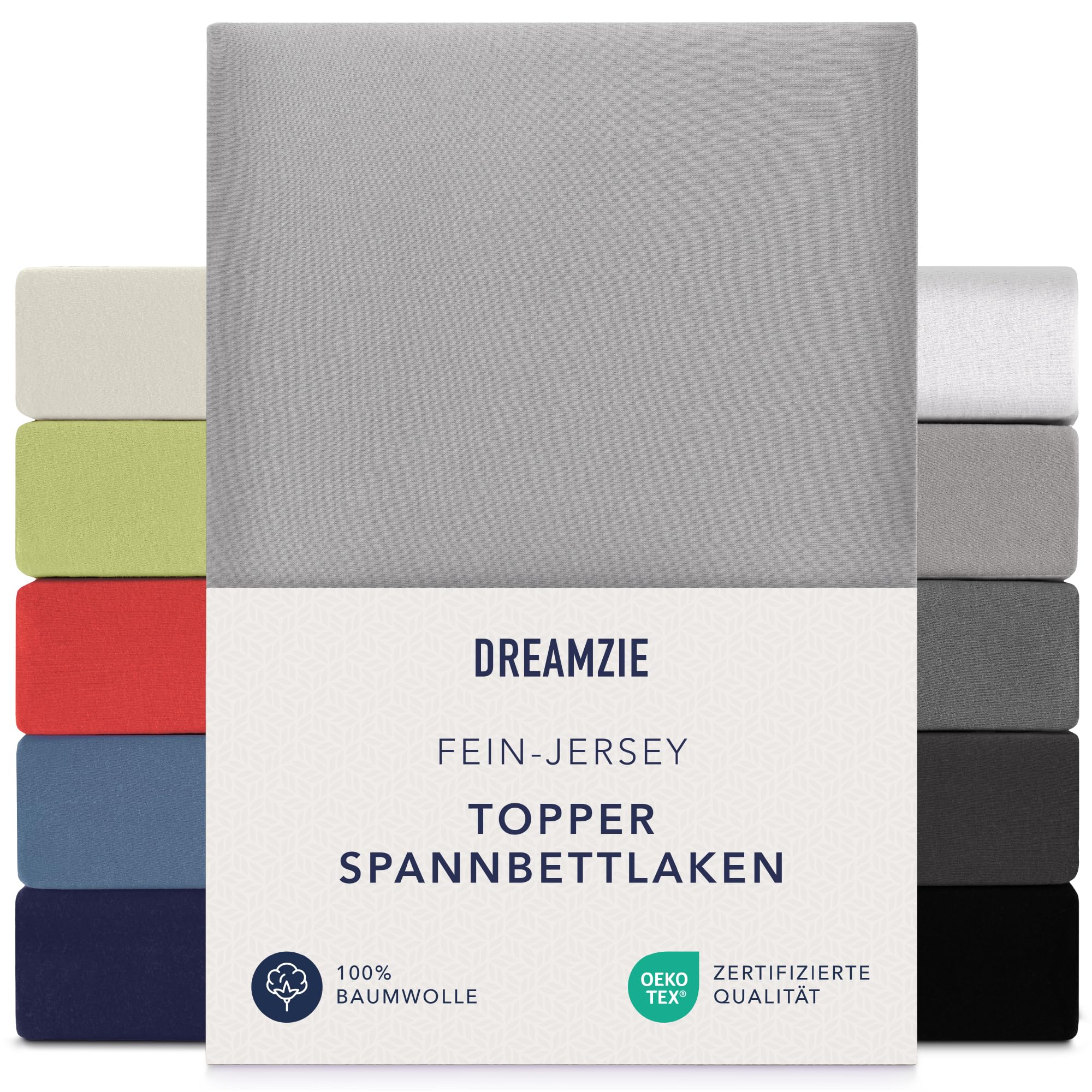 Dreamzie Premium Topper Fitted Sheet 140 x 200 cm - 160 x 200 cm - Extra Low Side Height - for Topper - Fitted Sheet Jersey Cotton, 150 g/m² - Oeko-Tex - Grey