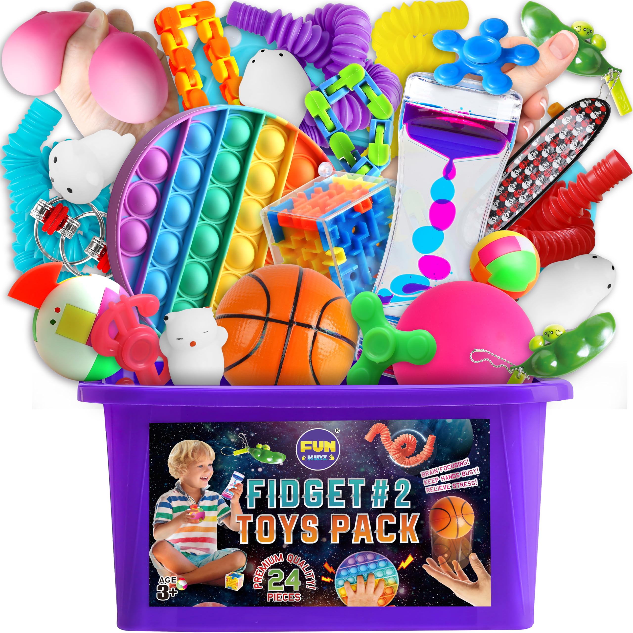 Fidget Pack Box for Boys Girls 4-12, FunKidz Fidget Toys for Kids 5-7 Autistic Sensory Mystery Birthday Gifts in Reusable Portable Treasure Box Nice Party Favors