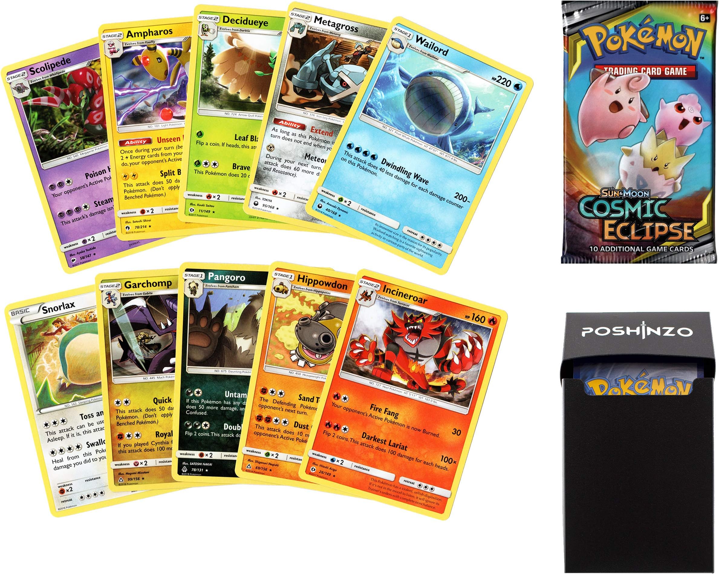 10 Pokemon Rare Cards Plus 10 Card Booster Pack with Poshinzo Card Box