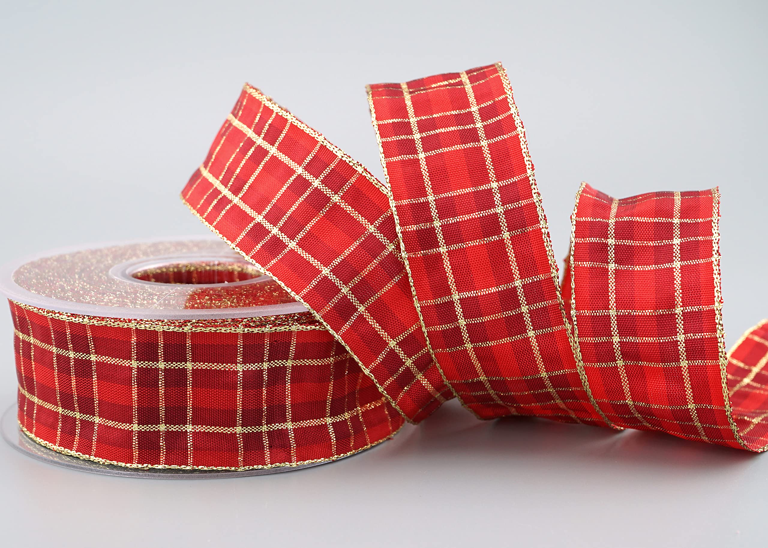 finemark 20 m x 40 mm chequered Christmas ribbon red gold (151) with lurex wire Edge ribbon, decorative ribbon, gift ribbon, tartan, shiny ribbon, gold Edge, wire ribbon, winter Christmas check