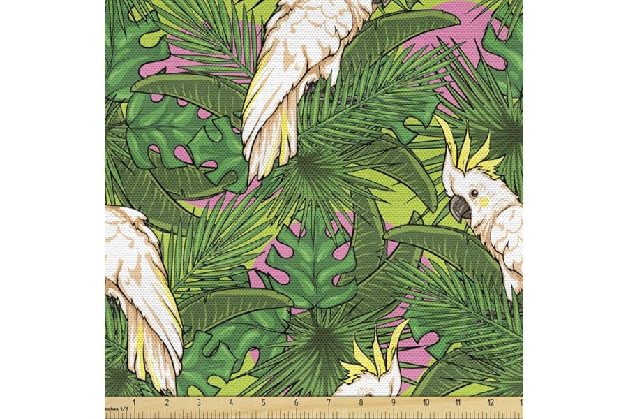 Lunarable Parrots Fabric by The Yard, Yellow Crested Cockatoo Bird with Tropical Foliage Exotic Caribbean Design, Decorative Fabric for Upholstery and Home Accents, 1 Yard, Cream Green