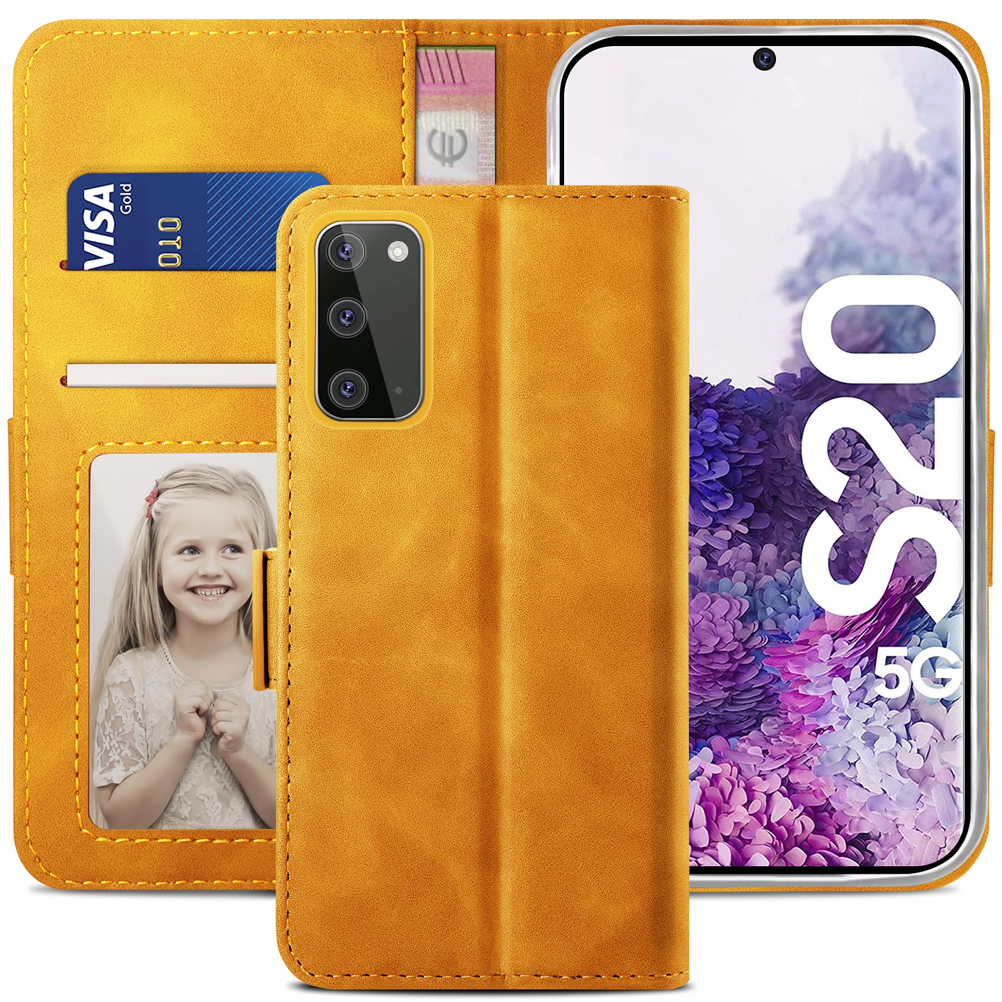 YATWIN Compatible with Samsung Galaxy S20 Case, Flip Wallet Leather Case with Card Slot and Shockproof Function Kickstand Phone Cases Cover for Samsung S20 4G/5G - Orange