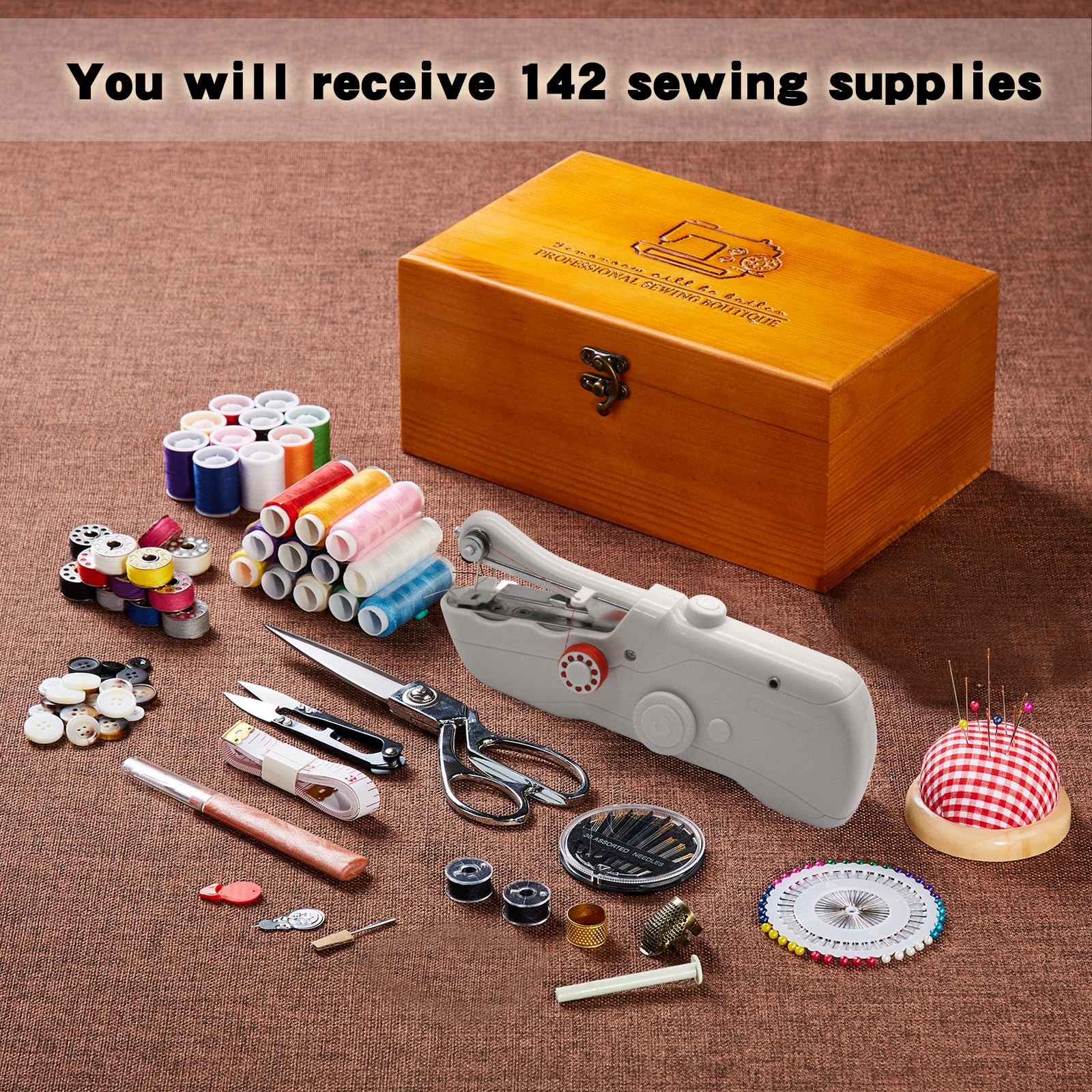 Handheld Sewing Machine with Exquisite Wooden Storage Box & 142-Piece Sewing Kit - Electric Switch, Dual Power Supply, Assorted Needles, Threads, Heavy Duty Scissors - Meets All Household Sewing Needs