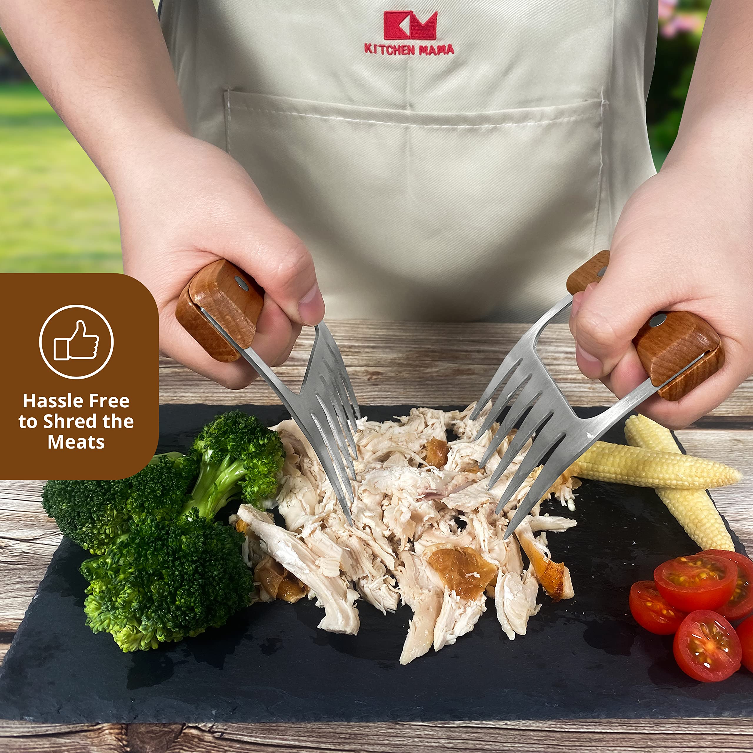 Kitchen Mama Meat Claws: Stainless Steel Shredder Claws with Wooden Handle for BBQ, Shredding, Pulling Pork, Chicken, Beef, and Turkey - Perfect for Grill Masters (1 Pair)