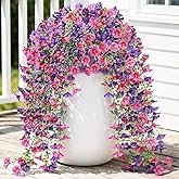 Lewondr Artificial Fake Hanging Flowers Plants for Outdoor Summer Decoration, 2 PCS Faux Silk Red Purple Morning Glories, 29.5'' UV Resistant Realistic for Outside Planter Porch Patio Balcony Decor