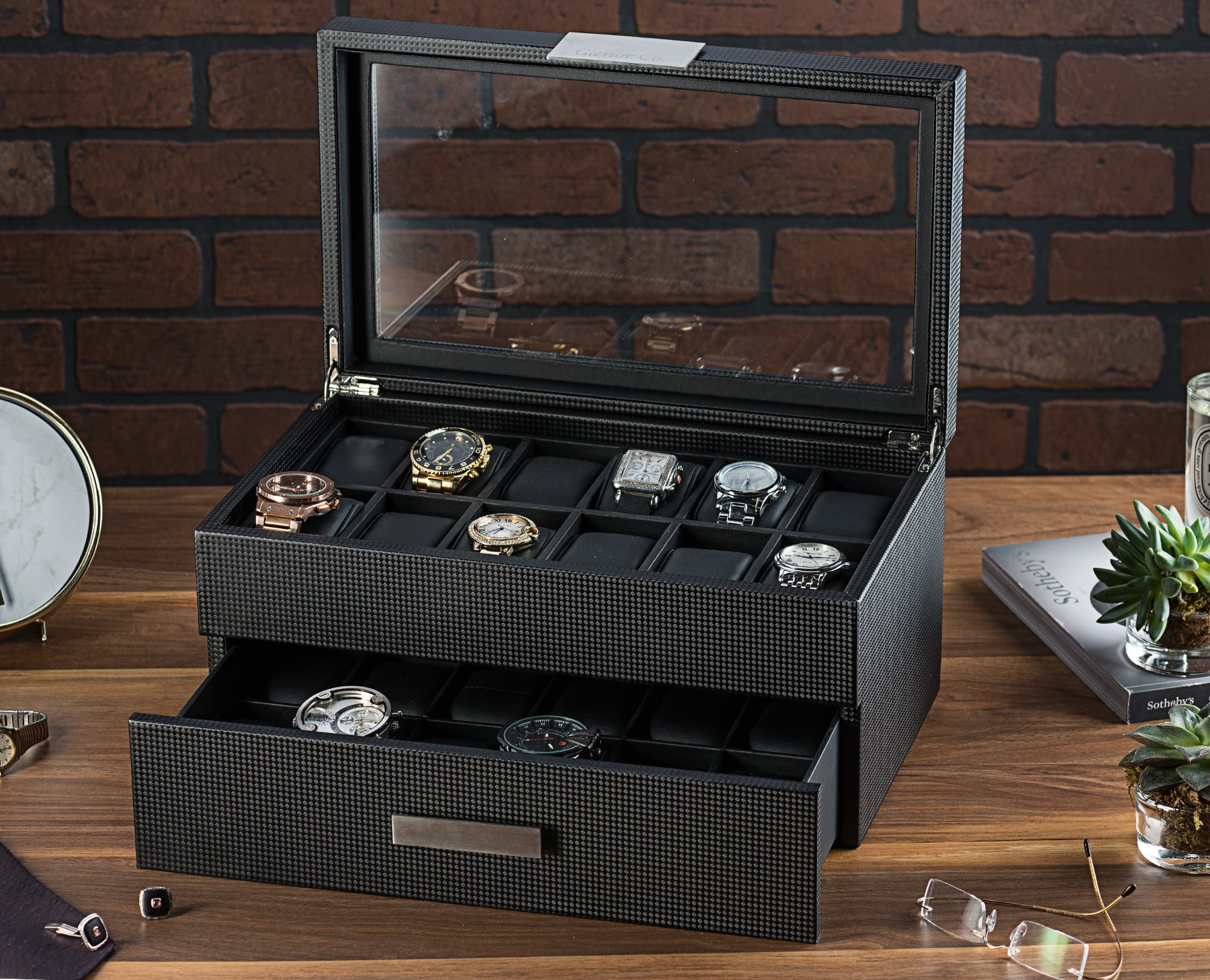 Glenor Co Watch Box for Men - 24 Slot Luxury Display Case Organizer, Carbon Fiber Design -Metal Buckle for Mens Jewelry Watches, Men's Storage Holder w Large Glass Top, Drawer & Leather Pillows- Black