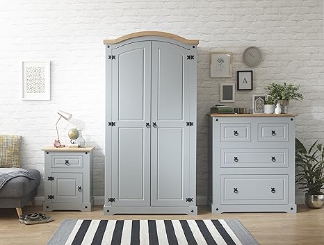 Right Deals Uk Grey Corona Bedroom Furniture Set Wardrobe Bedside Chest Grey Waxed Mexican Solid Pine Tops