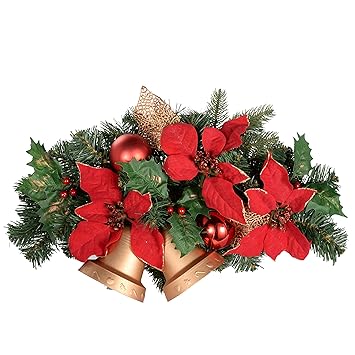 Werchristmas Holly 30 Cm Blumen Und Blättern Verziert Mit Zwei Glocken Weihnachtsdeko Rotgold