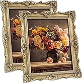 eletecpro 8x10 Vintage Picture Frame Set of 2 with Real Glass Cover, Ornate Antique Photo Frame, Display 8x10 Picture for Tabletop or Wall Hanging, Gold Home Decor for Gallery Art