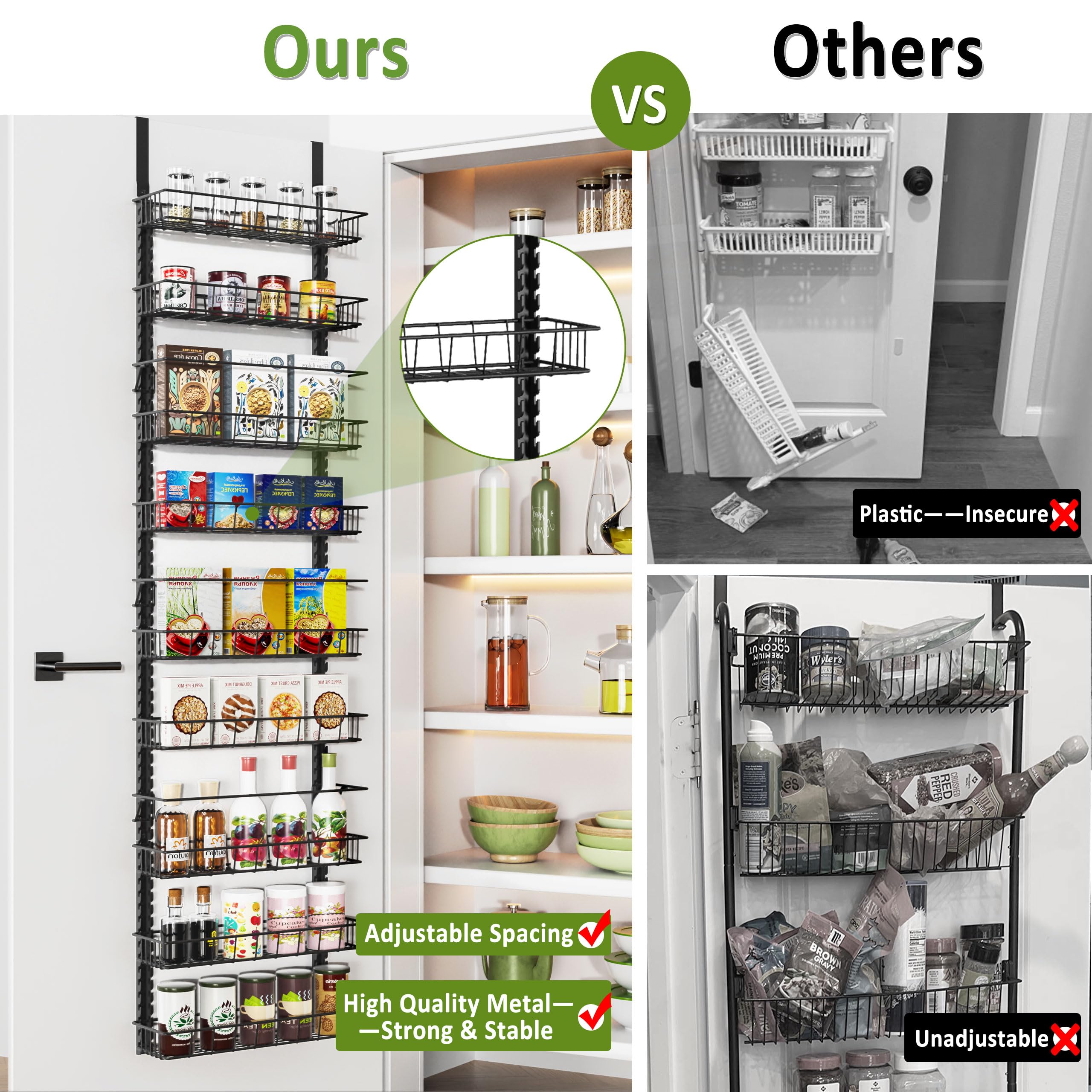 Churboro Over the Door Pantry Organizer Rack with 9 Adjustable Baskets, 9 Tiers Dual-use Hanging or Wall Mount Spice Rack Organizer, Black
