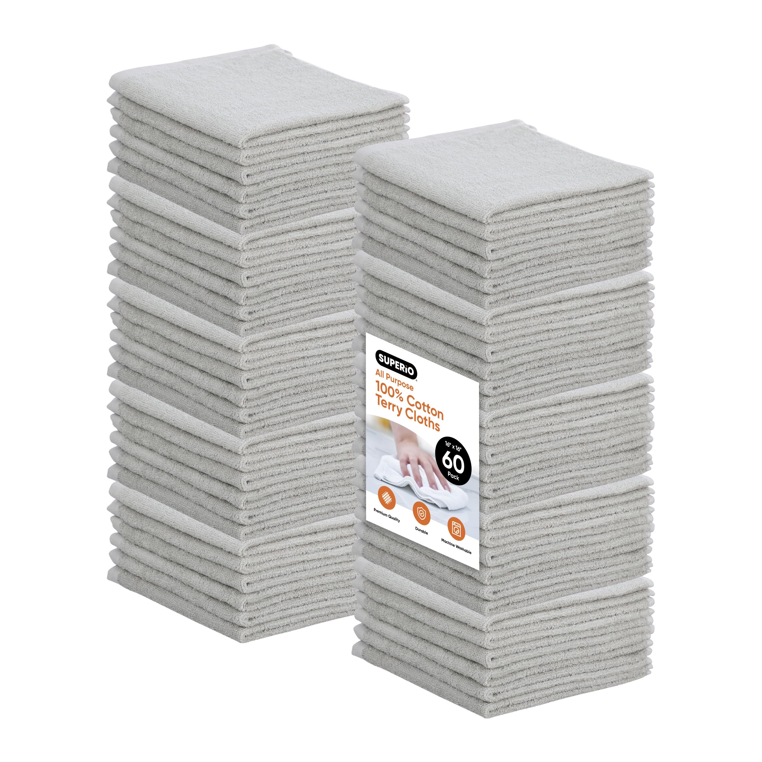 Superio Cotton Terry Washcloths Grey Towels 100% Cotton Cleaning Cloth 16" Rags Wash Clothes for Body and Face, Spa Towels, Multi Purpose (16"x16"), 60 Pack Image