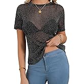 Nlife Womens Sparkly Mesh Sheer Top Glitter Star See Through Tee Shirt Concert Rave Party Nashville Outfits