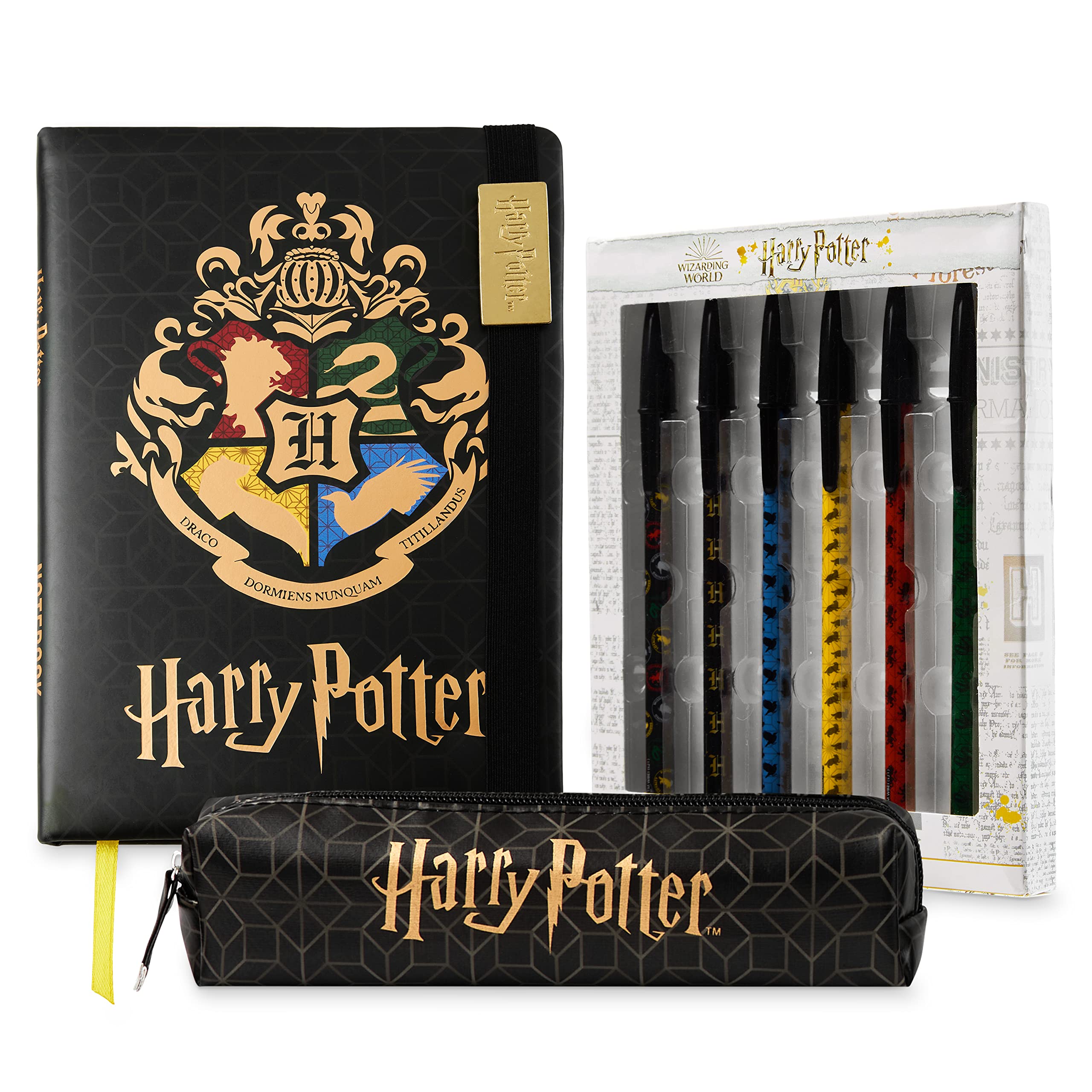 Harry Potter A5 Notebook and Pencil Case for Girls and Boys Stationery Set with Pens, School Supplies for Kids and Teens (Black/Gold)