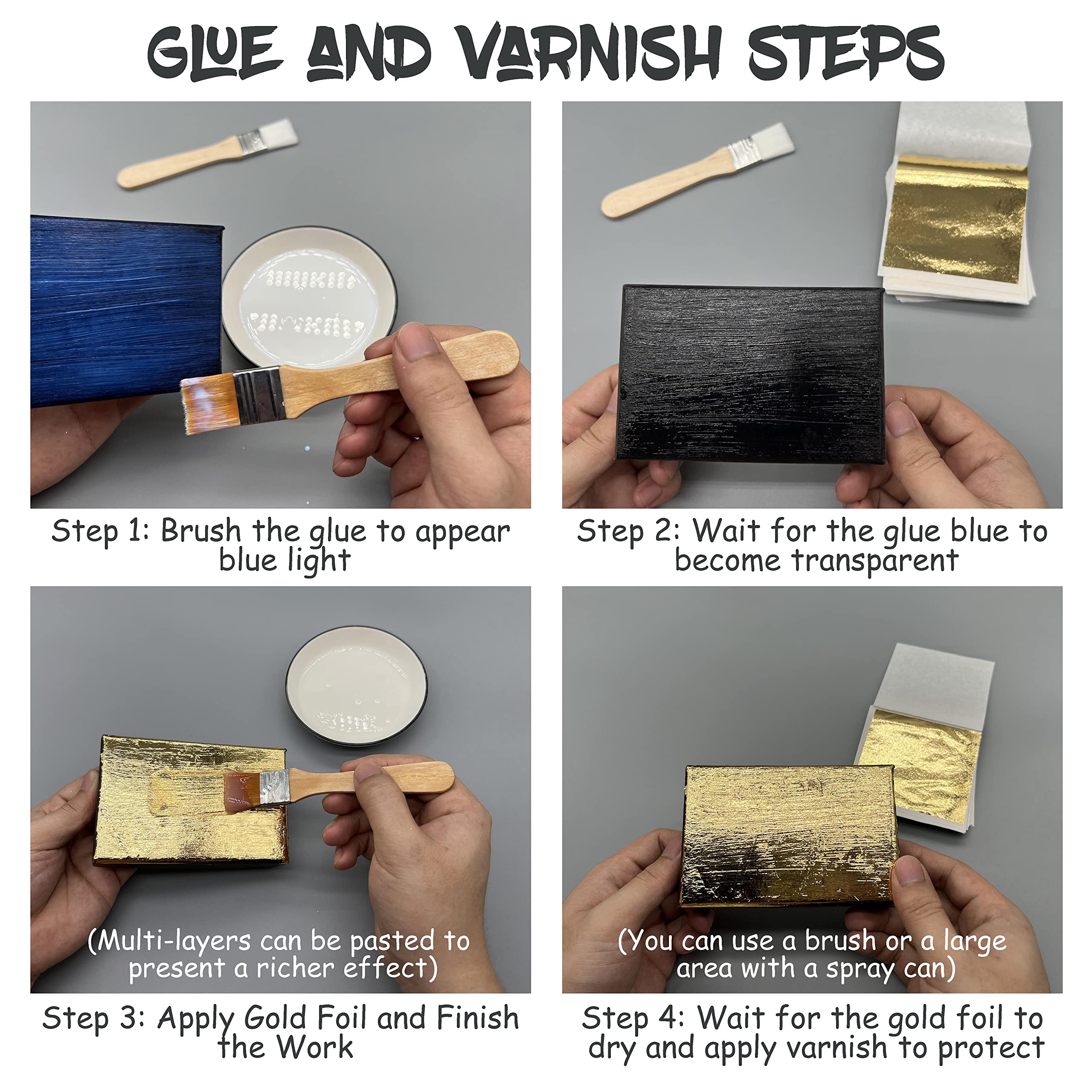 Gilding Adhesive 300ml Set - Water-Based Formula, Non-Toxic & Irritating Odor, Includes 300 PC Gold Leaf Sheets and Protective Paint for Photo Frame Craft, Painting, Furniture and Decoration