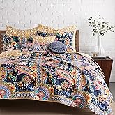 Levtex Home - Bertelli Navy Quilt Set - Full/Queen Quilt and Two Standard Shams - Floral - Navy, Pink, Ochre, Blue Teal, Green - Quilt (88x92in.) and Shams (20x26in.) - Reversible - Cotton