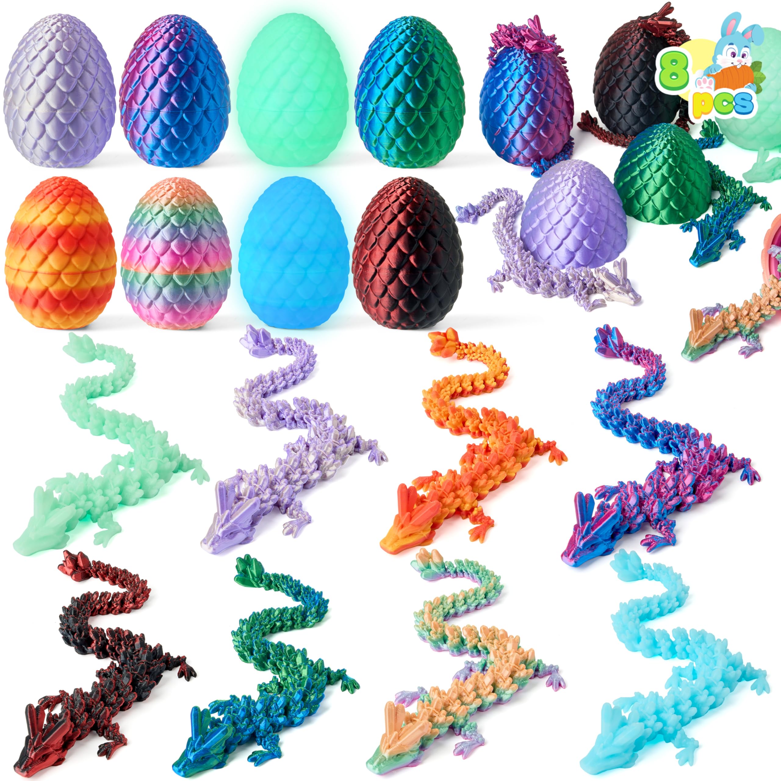 JOYIN 8 Pcs 3D Printed Dragon Eggs with Colorful Dragon, Articulated Magic Toys, Easter Basket Stuffers for Kids Party Favors, Goodie Bag Fillers, Easter Egg Hunt, Classroom Prize Supplies Gifts