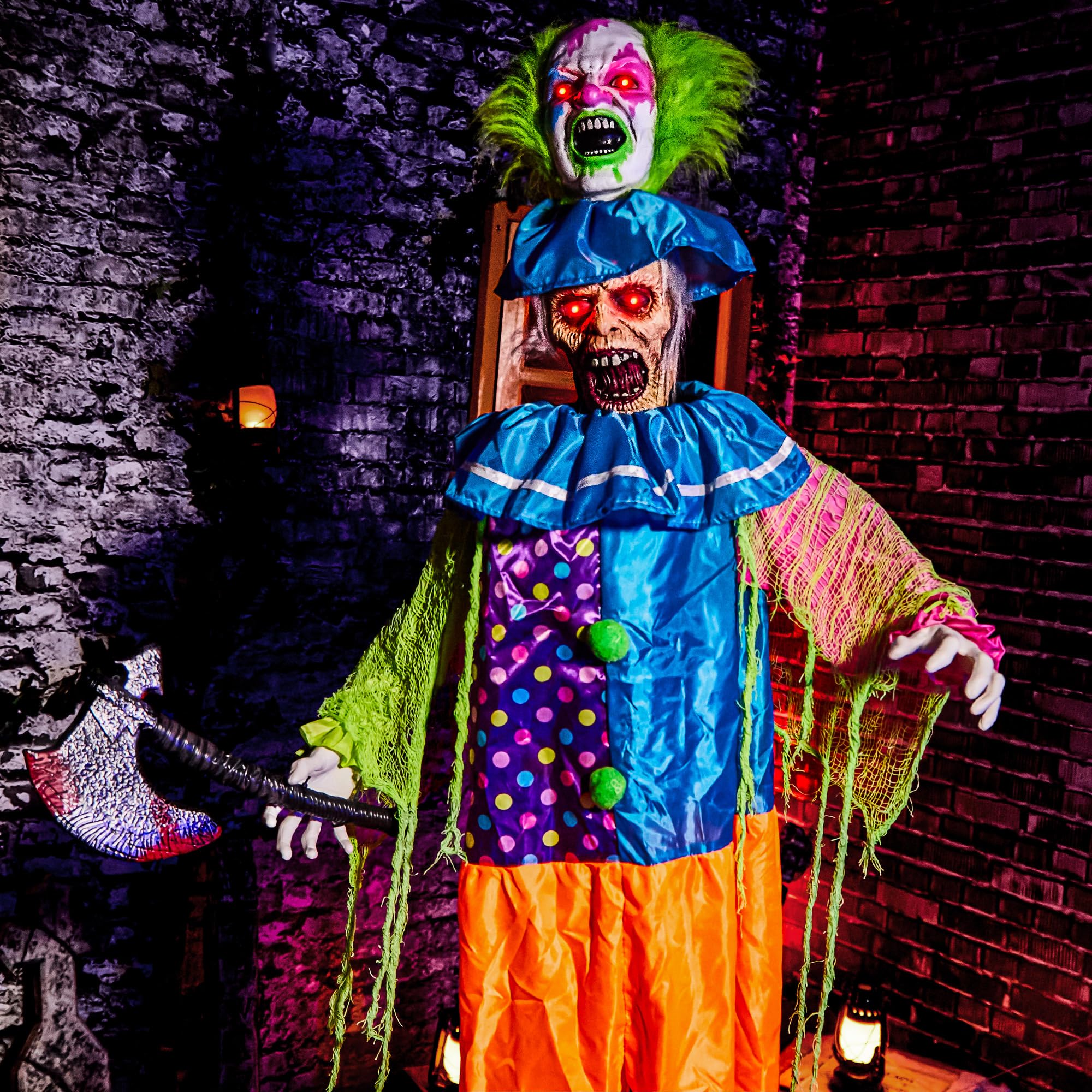 Photo 1 of Halloween Animatronics 6ft Clown, Animated 72Inch Scary Talking Double Head Decoration with Sound Activated, Creepy Voice, Spooky Move, Light Up Eyes, Haunted Horror Prop for Indoor, Outdoor, Yard