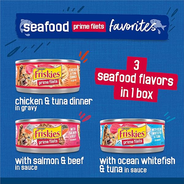 PURINA FRISKIES GRAVY WET CAT FOOD VARIETY PACK SEAFOOD PRIME FILETS FAVORITES – (PACK OF 24) 5.5 OZ. CANS