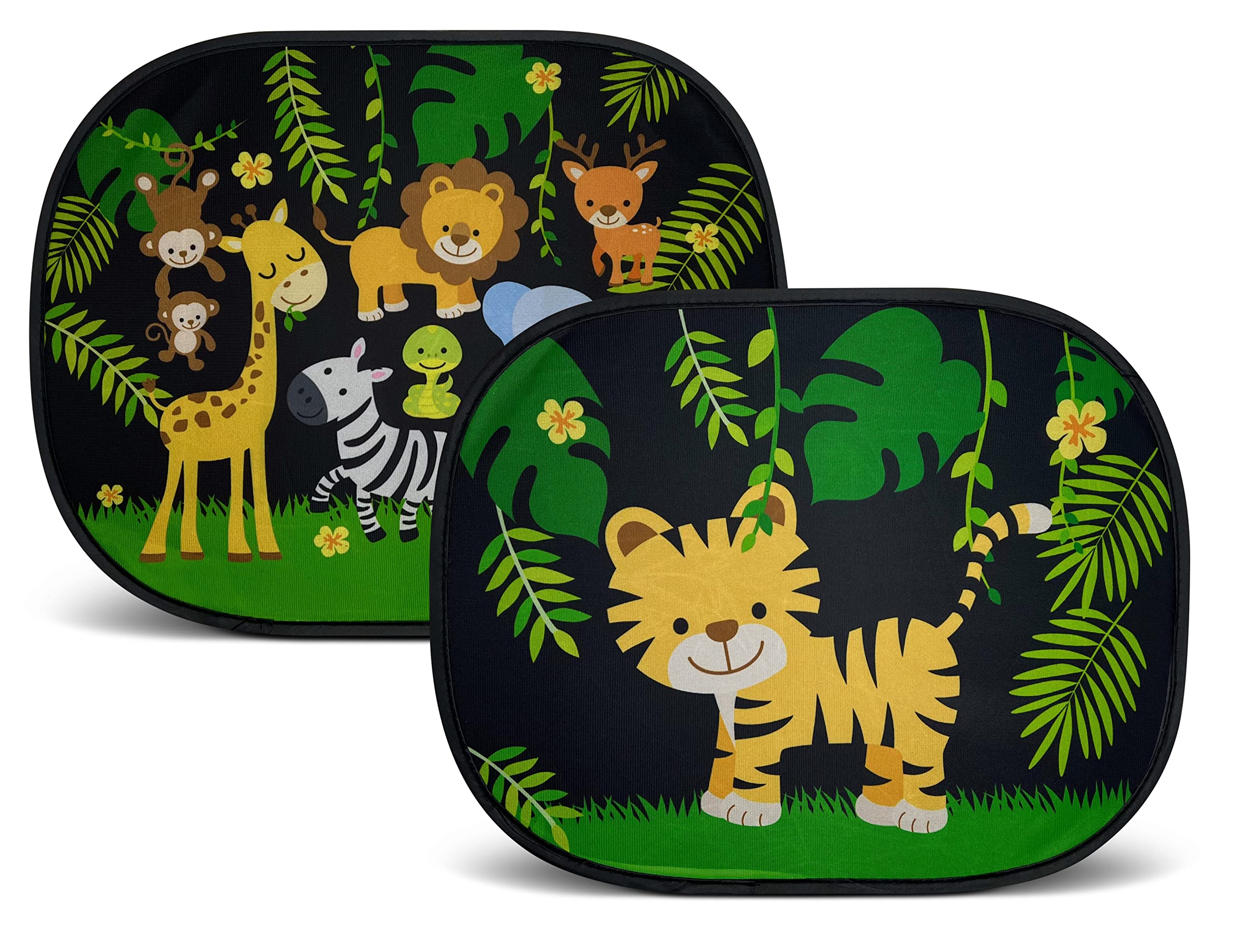 HECKBO 2x car sun visor with 8 suction cups - Jungle animals 44x36cm - car window side sunshade car sun visor side for baby kids girls boys incl. Bag