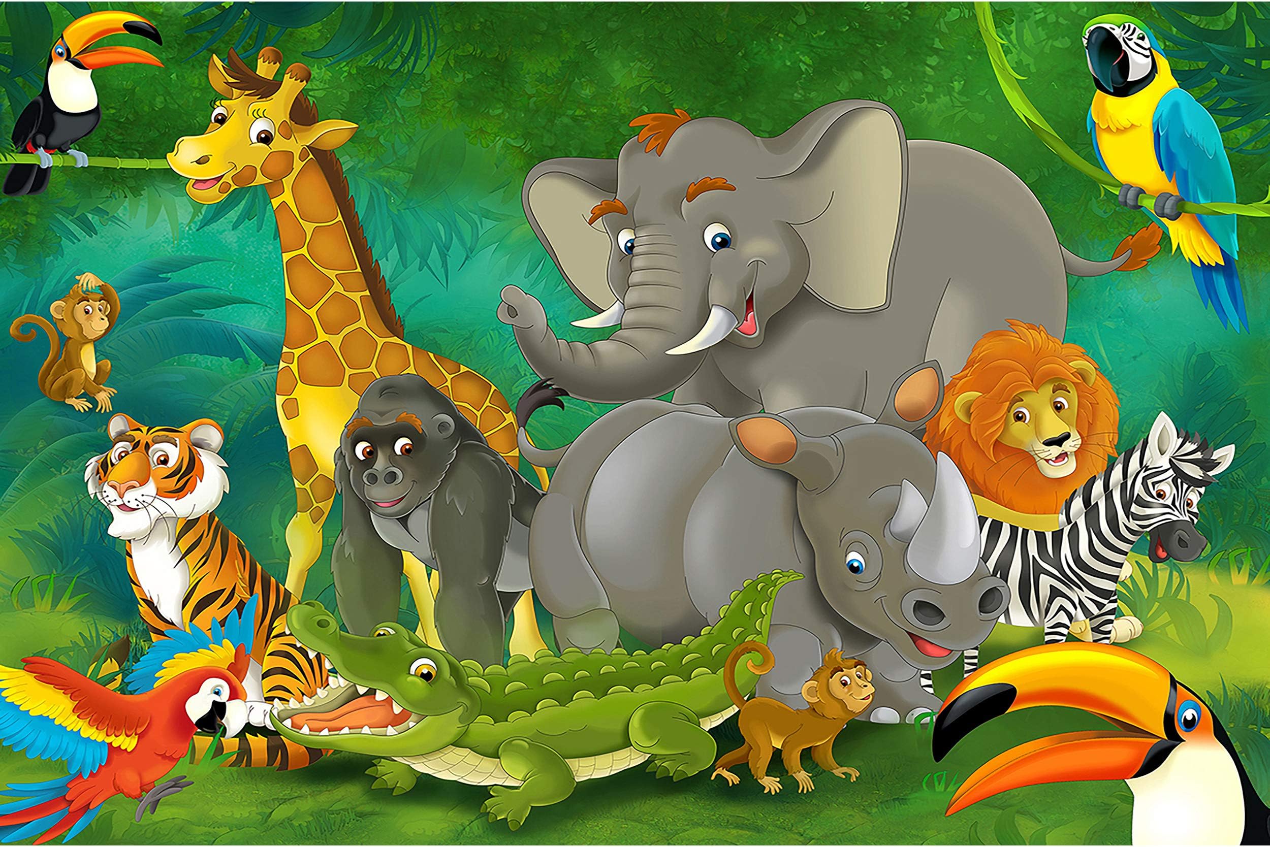 GREAT ART Photo Wallpaper Jungle Animal Decoration 132.3x93.7in / 336x238cm – Kid's Room Nursery Rain Forest Elefant Rhino Monkey Parrot Lion Mural – 8 Pieces Includes Paste