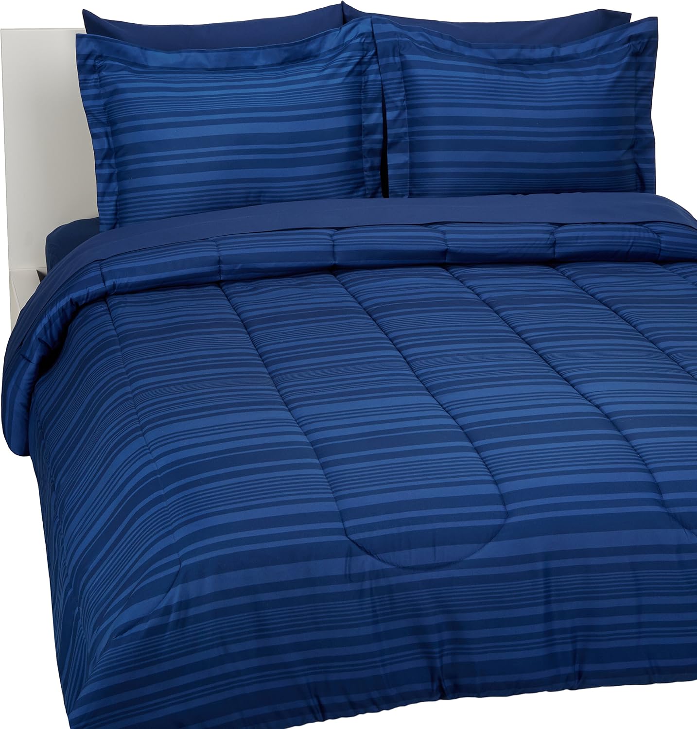Basics 7-Piece Light-Weight Microfiber Bed-In-A-Bag Comforter Bedding Set - Full or Queen, Royal Blue Calvin Stripe: Home & Kitchen