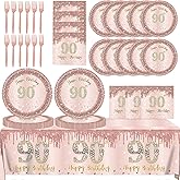 90th Birthday Decorations for Women,61Pcs Rose Gold 90th Birthday Decorations Tableware Include Happy 90th Birthday Plates and Napkins,Tablecloth,Forks,90th Birthday Party Supplies Serve 20