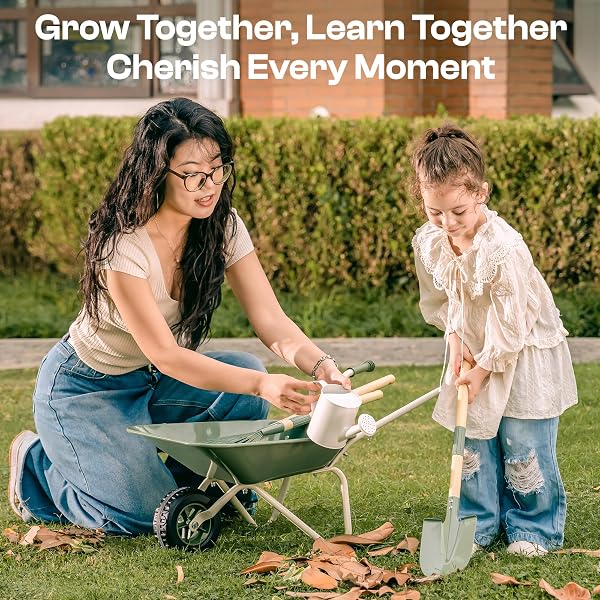 ROBOTIME KIDS WHEELBARROW WITH GARDENING SET – METAL WHEELBARROW TODDLER OUTDOOR PLAY TOY WITH GARDEN TOOLS, WATERING CAN & PLANT LABELS, PRETEND PLAY YARD EQUIPMENT FOR BOYS AND GIRLS (GREEN)