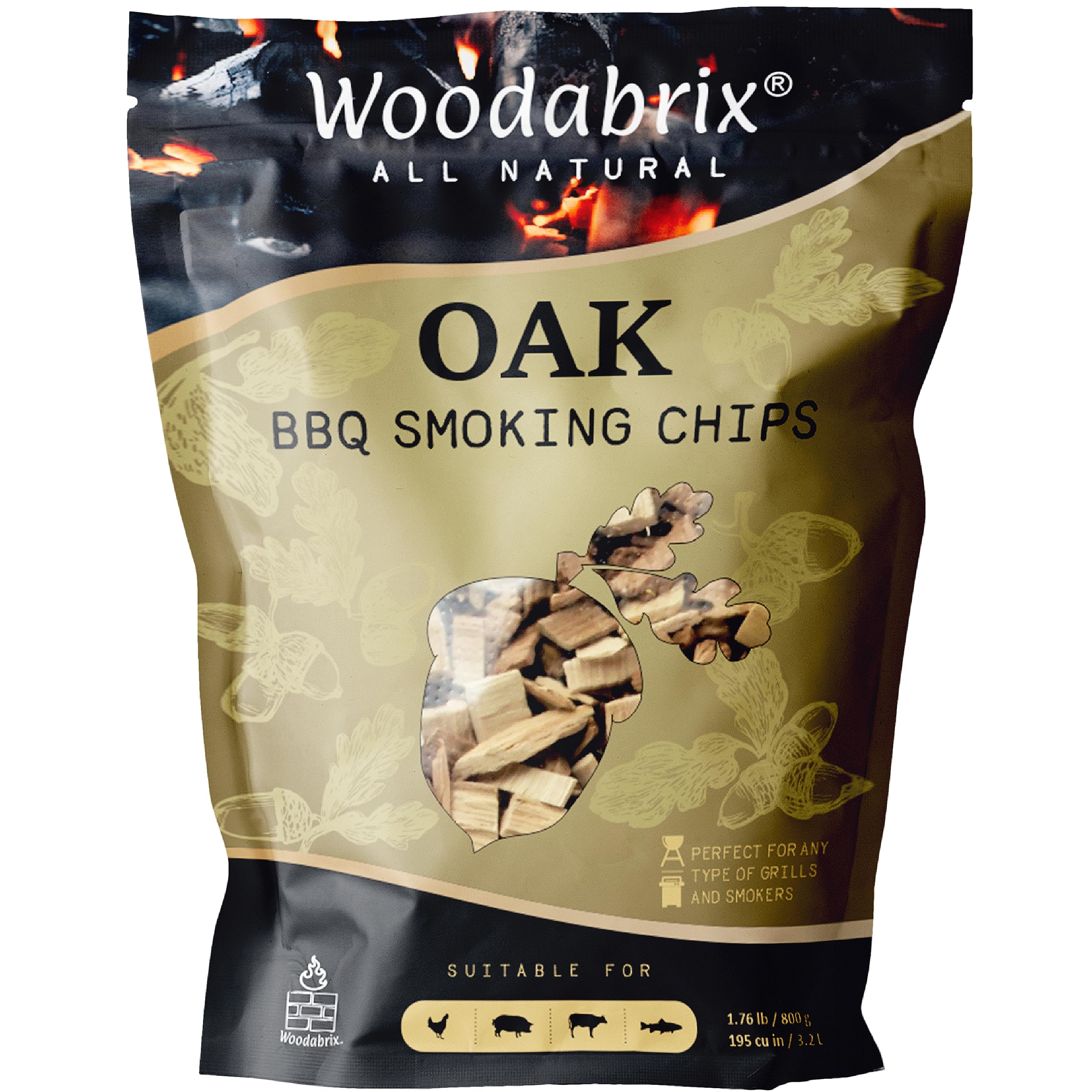 Woodabrix BBQ Smoking Wood Chips for Charcoal, Gas BBQ/Smoker, 100% Natural, 800 g/1.76 lb (3.2 Litre / 195 cu in), Oak