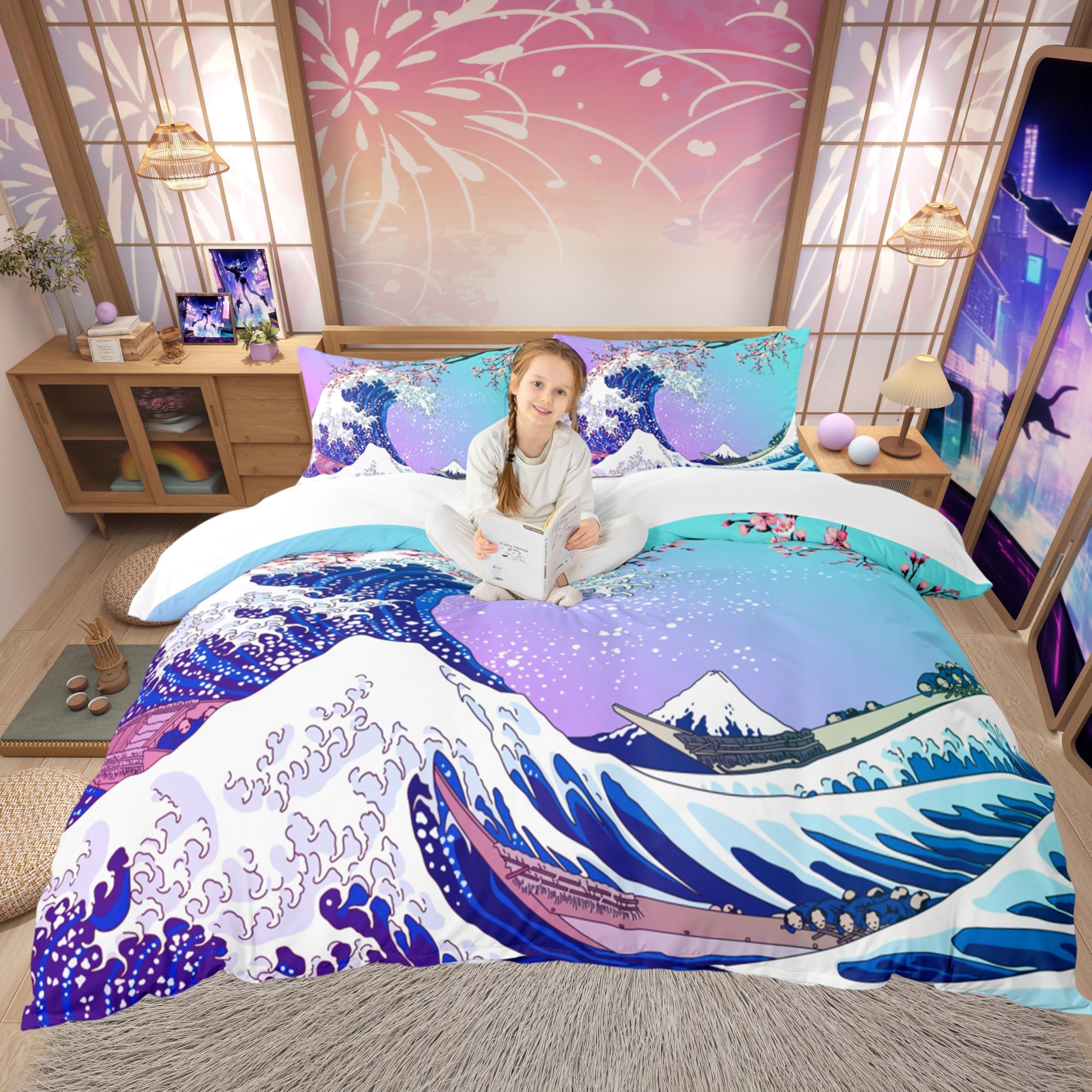 Loussiesd Japanese Ukiyoe Bedding Set Cherry Blossoms Wave Duvet Cover for Kids Boys Girls Fuji Mountain Blue Comforter Cover Japanese Style Decor Bedspread Cover 2Pcs Bedding Single