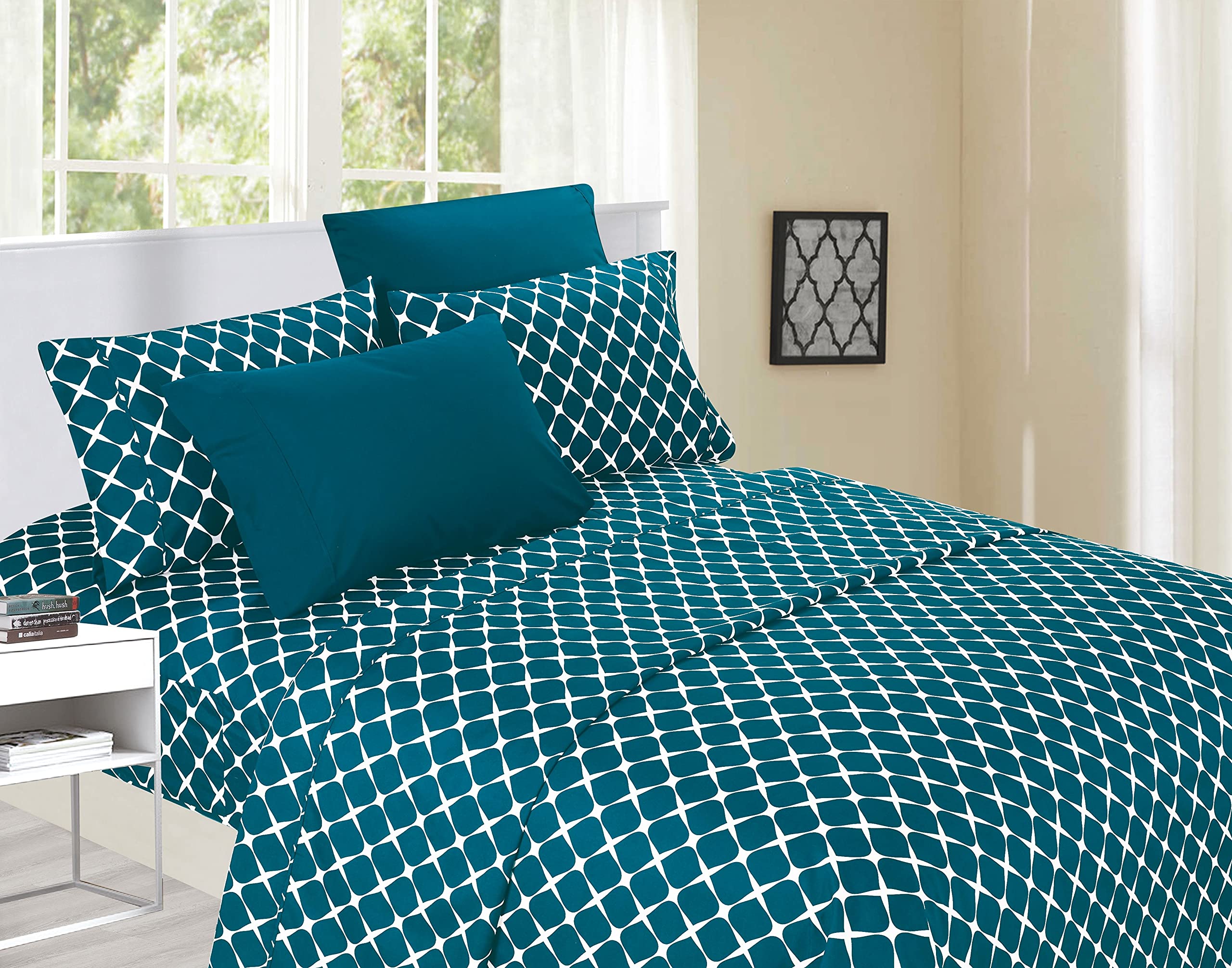Elegant Comfort Luxury Softest and Coziest 6-Piece Bed Sheet Set, Wrinkle Resistant Milano Trellis Pattern-1500 Thread Count Egyptian Quality Microfiber Bedding Set, California King, Teal Image
