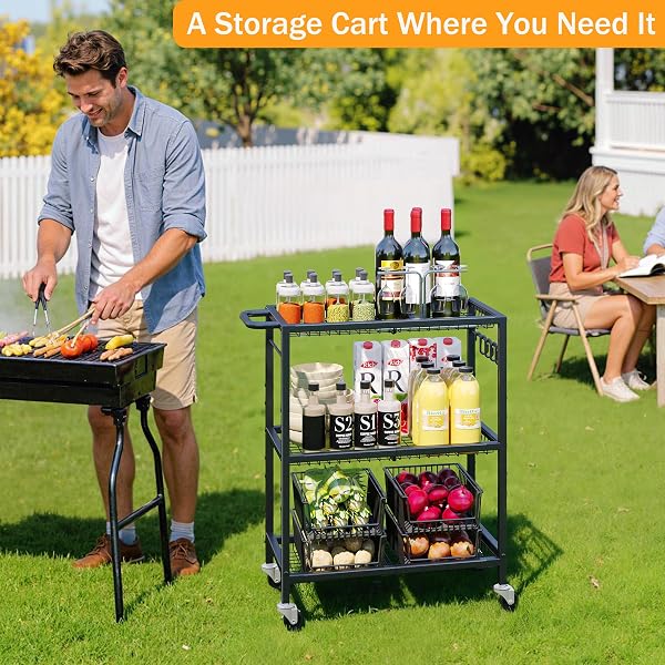 3-TIER ROLLING CART, SPACE-SAVING KITCHEN CART WITH 150LBS CAPACITY, BLACK STORAGE CART WITH 2 LOCKABLE WHEELS FOR KITCHEN ISLAND, RESTAURANT, GARAGE, BACKYARD（NO WOODEN BOARDS, LIGHTWEIGHT VERSION）