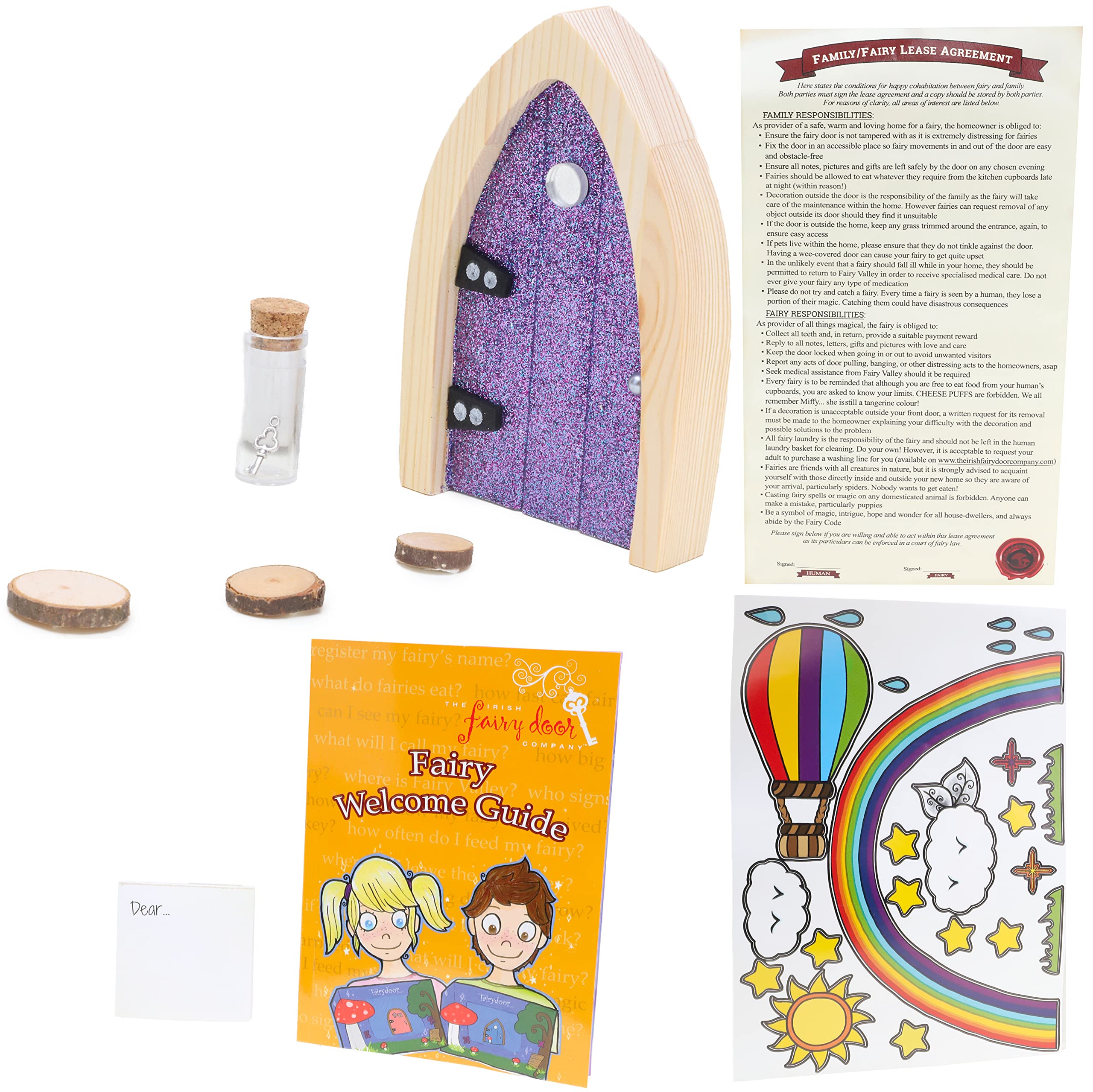 The Irish Fairy Door Special Edition Gift Set - Exclusive Purple Glitter Door, Fairy Agreement, Bottle & Key & Accessories