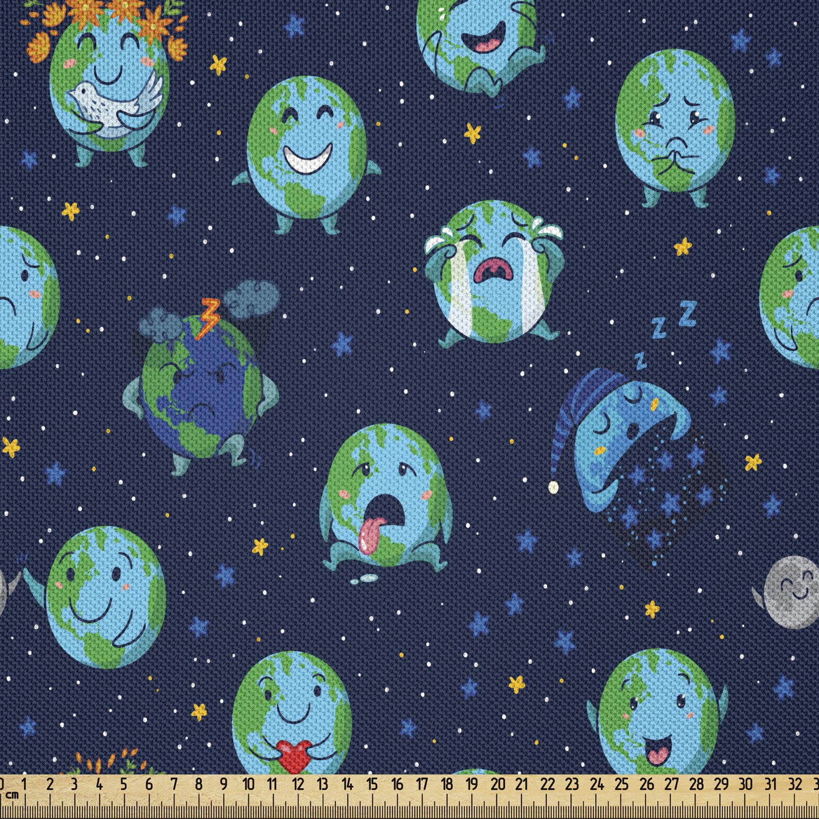 ABAKUHAUS Emoticon Fabric by the Yard, Planet Earth Face Moods, Decorative Satin Fabric for Home Textiles and Crafts, 1M (148x100cm), Multicolor