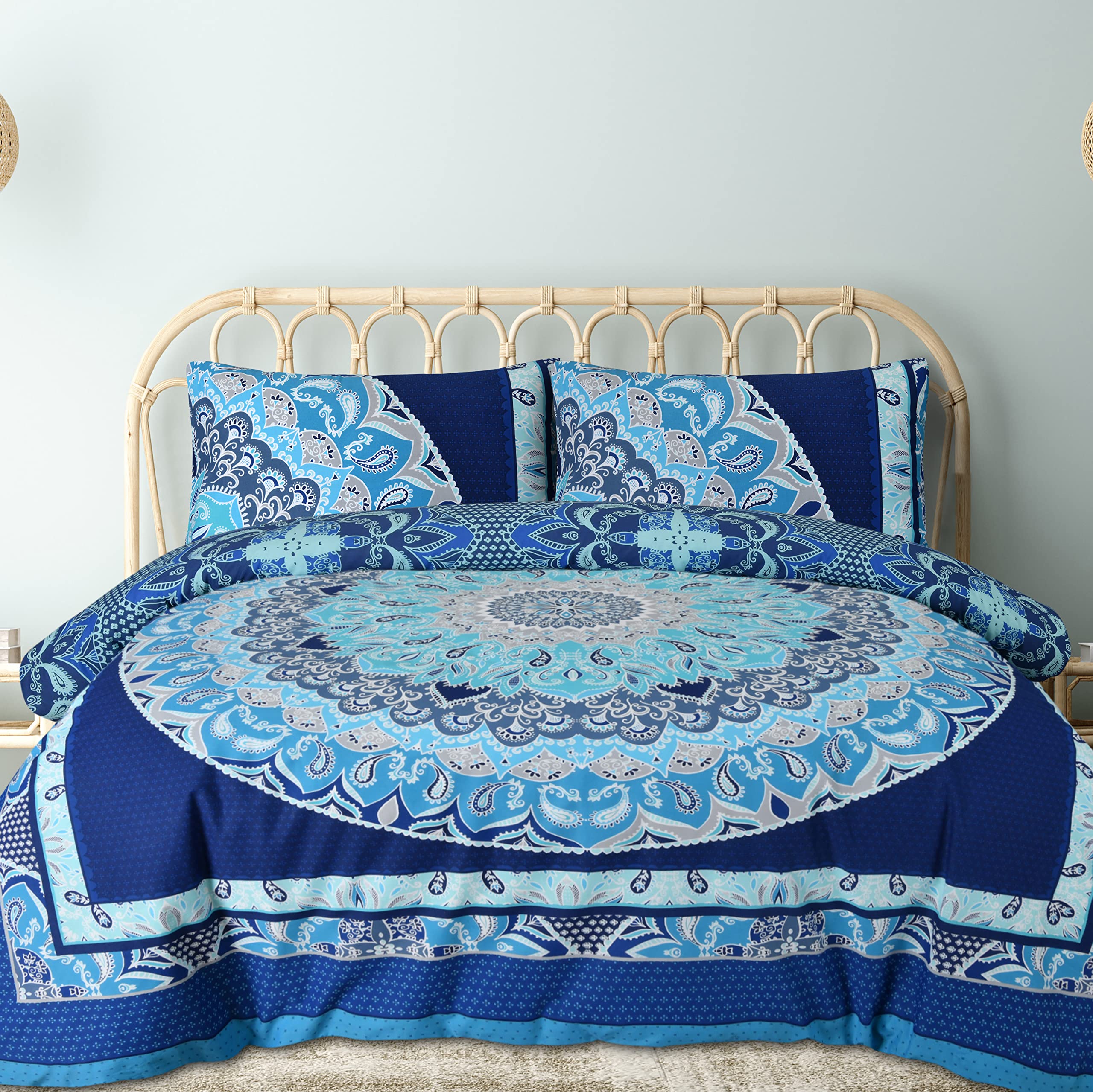 Sleepdown Duvet Cover Set - Blue - Paisley Mandala Geometric - Abstract Reversible Quilt Cover Easy Care Bed Linen Soft Cosy Bedding Sets with Pillowcases - King (220cm x 230cm)