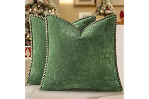 decorUhome Christmas Chenille Soft Throw Pillow Covers 18x18 Set of 2, Farmhouse Velvet Neutral Decorative Euro Fall Pillow Covers with Stitched Edge for Couch Sofa Bed Home Decor, Forest Elf