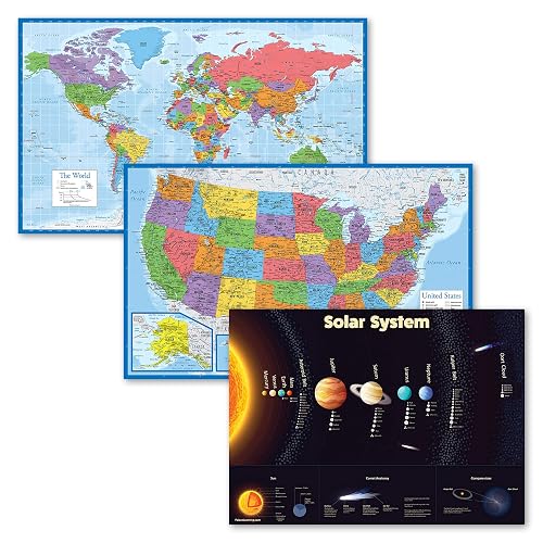 3 Pack - World & USA Maps + Solar System Poster Set [BLUE] (LAMINATED ...