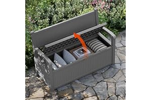 GULAIMOAO 80 Gallon Outdoor Storage Box, Resin Patio Furniture with Armrest, Lockable Deck Box with Waterproof and UV Resistant for Patio Cushions, Garden Tools and Pool Supplies, Grey
