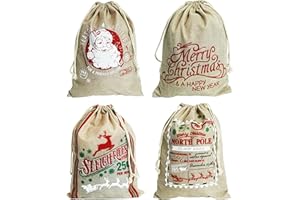 4 Pack Christmas Sacks. 11.8“x15.7‘’(30x40cm) Medium Christmas Burlap Sacks. Xmas Hessian Linen Drawstring Goody Gift Bags.
