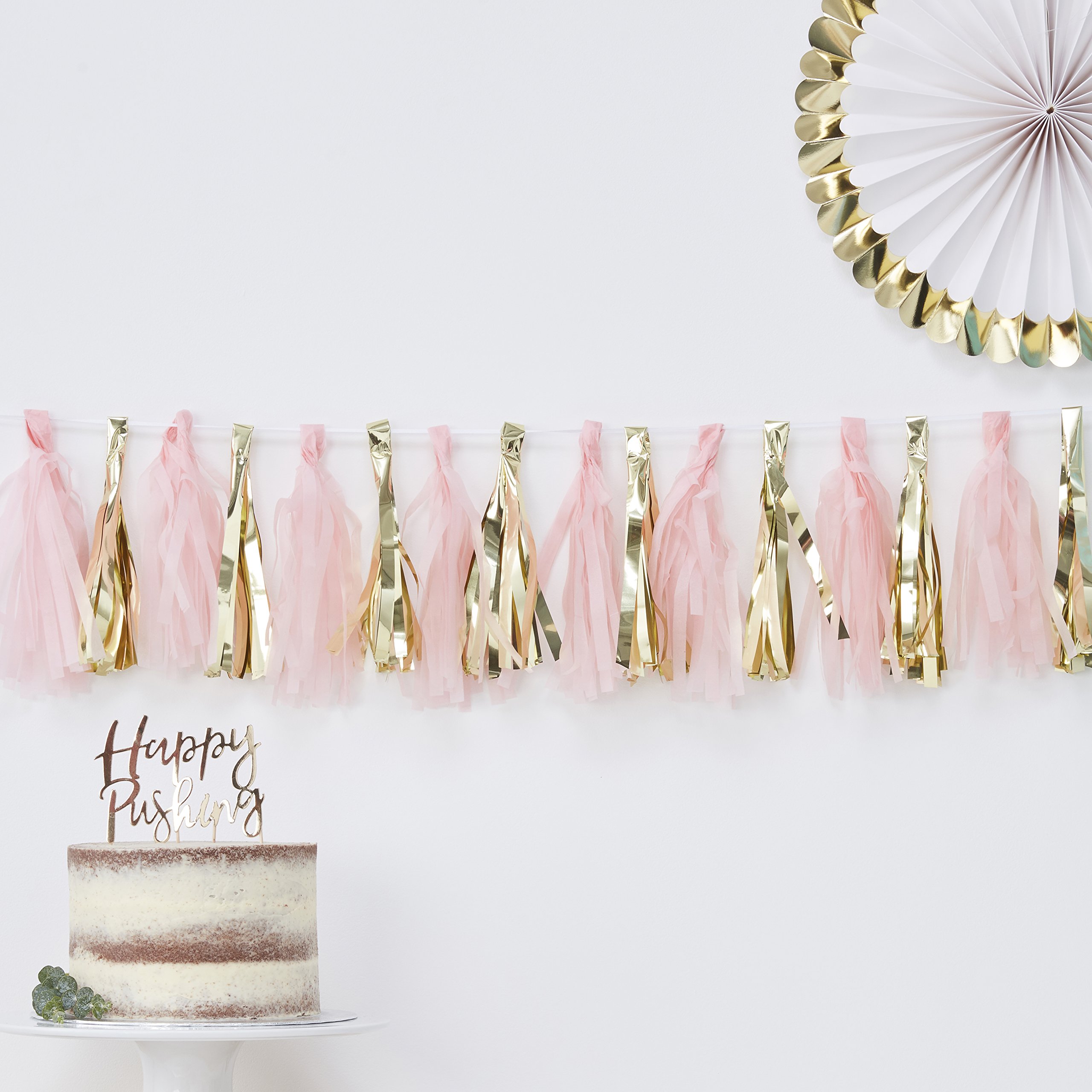 Ginger Ray Pink And Gold Foiled Baby Shower Party Tassel Garland - 16 Pack - Oh Baby!