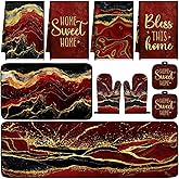 Fourluoo 10 Pcs Kitchen Dish Towels Rugs Oven Mitts and Pot Holders Kit Farmhouse Kitchen Decor Set Gloves Vintage Potholders for Baking Cooking Chef(Red,Modern)