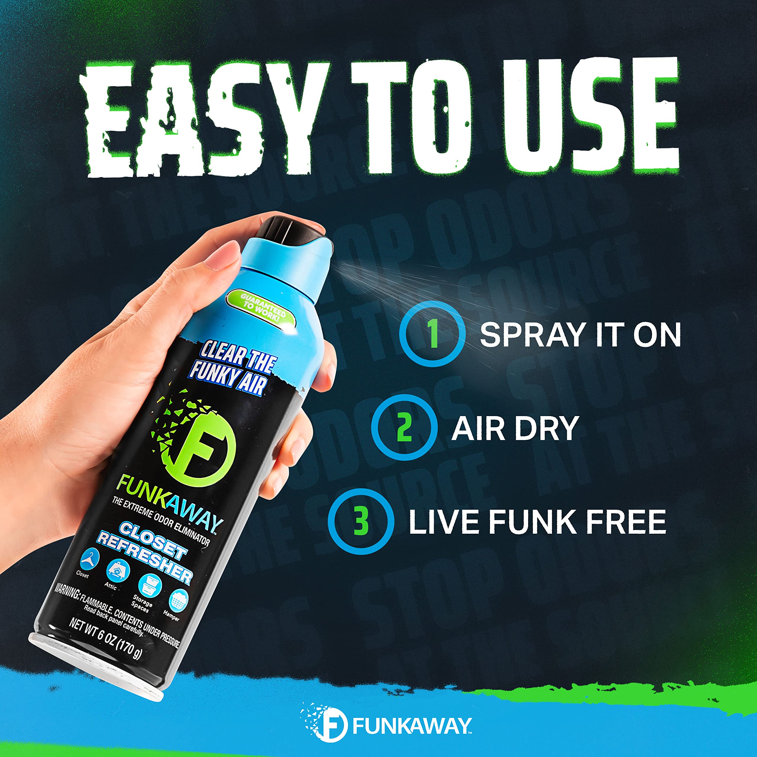 FunkAway Extreme Odor Eliminating Closet Refresher AeroSpray, 6 oz., Odor Eliminating Spray Removes Musty, Stuffy, Sweaty and Stinky Airborne Odors
