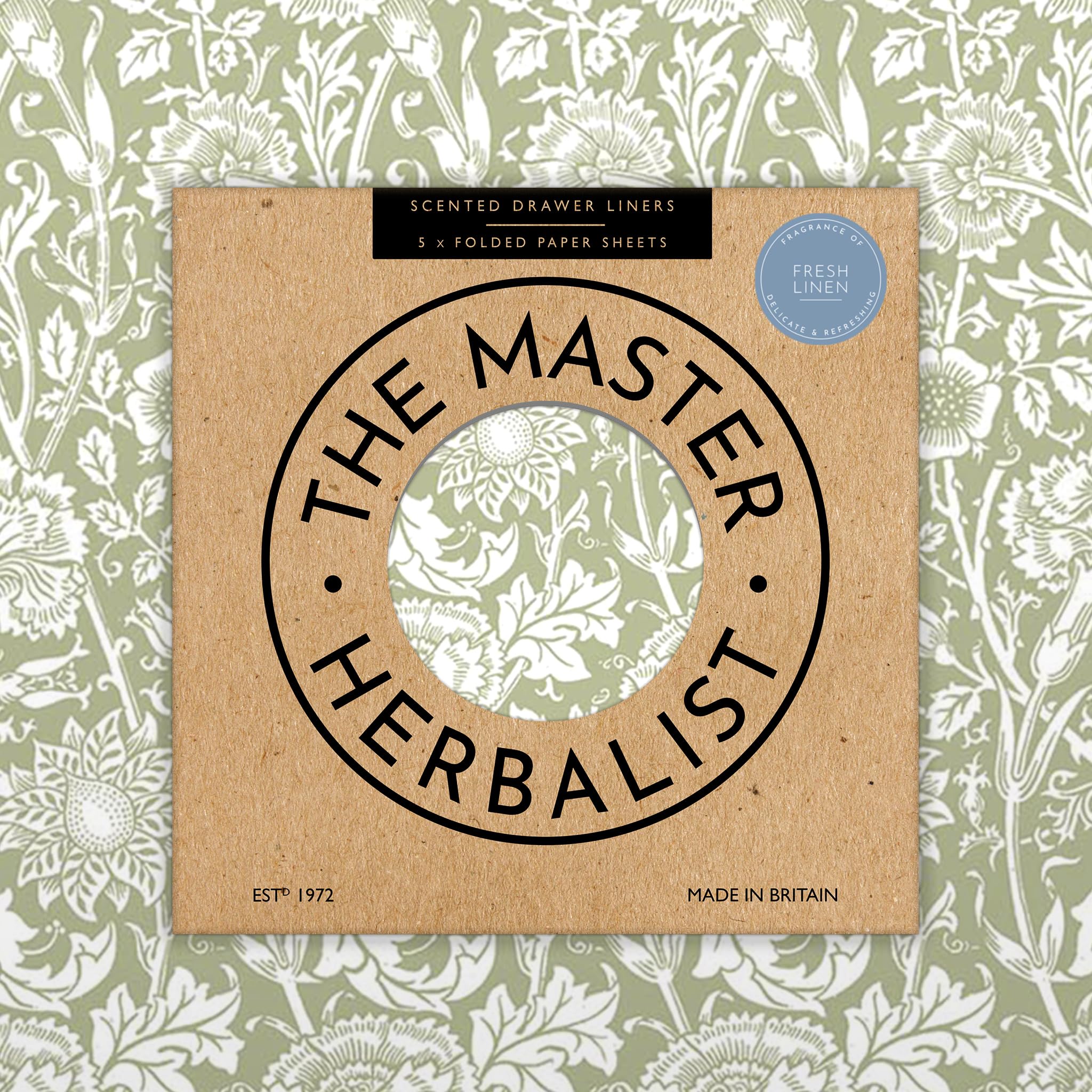 Fresh Linen Scented Drawer Liners in a Sage Green William Morris Pink & Rose Design | Gift Pack of 5 Large Folded Sheets (60 x 42cm) | Contains Essential Oils | Made in the UK by The Master Herbalist
