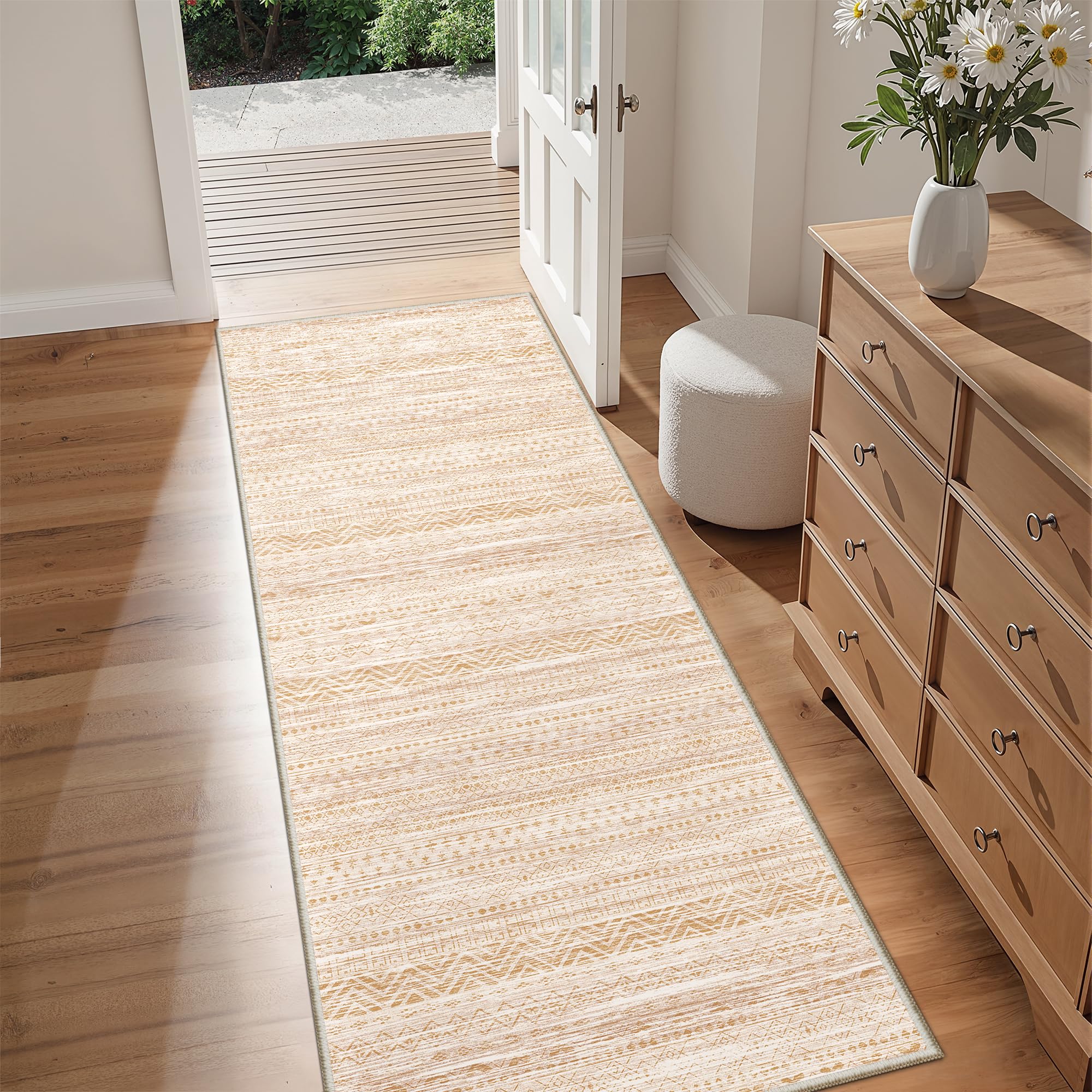 Miukiki 2x6 Hallway Runner Rug Moroccan Washable Kitchen Rug Non Slip Indoor Floor Kitchen Runner Rug Foldable Carpet for Bathroom Laundry Room with Low Pile(Beige,2'x6') Image