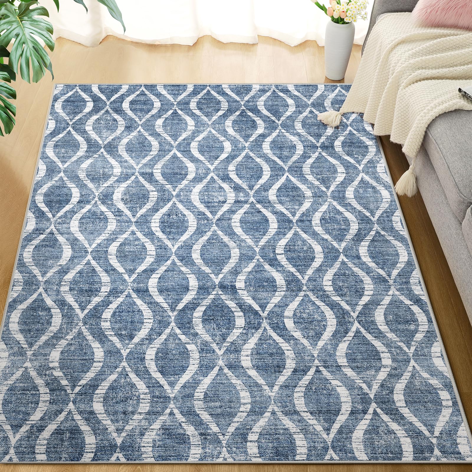 Photo 1 of WITSHOCK Area Rugs for Living Room 5x7: Washable Non-Slip Soft Geometric Large Indoor Rug for Bedroom Dining Room, Low Pile Boho Pattern Carpet for Nursery Playroom Decor, Kid & Pet Friendly, Blue