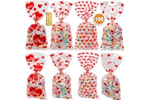 Konsait 100pcs Valentines Cellophane Bags, Clear Candy Cookie Treat Bags with Twist Ties for Bakery Biscuit Chocolate Snacks,