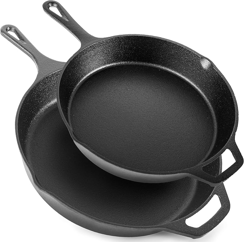 nuovva Cast Iron Skillet Set 10 and 12 Inch Pre Seasoned Frying Pans