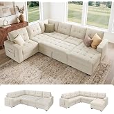HONBAY 111.4'' Modular Sectional Sleeper Sofa with Pull Out Bed,Beige | U Shaped,Built-In Storage,6 Seat,Couches with Storage Chaise,Sectional Couche for Living Room,Removable Cushions
